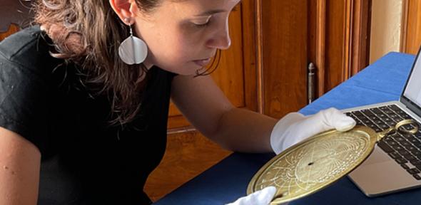 Dr Federica Gigante examining the Verona astrolabe
