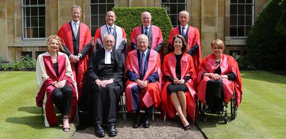 From left: Honorary graduates , Nicholas Serota, Jony Ive, Keith Peters, Helen Morrissey, Nicholas Hytner and Tanni Grey-Thompson with Vice-Chancellor Professor Sir Leszek Borysiewicz and Chancellor Lord Sainsbury