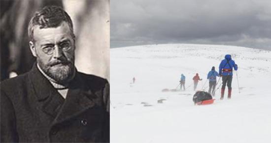 Left: James Wordie was chief scientific officer in Shackleton’s Weddell Sea party, which sought to walk across Antarctica via the South Pole in 1915. Right: Members of the Endurance South Pole 100 team training in the Cairngorms