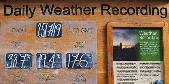 Weather board at Cambridge University Botanic Garden showing data for 25 July 2019