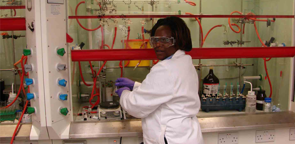 Dr Sabina Wachira, a THRiVE postdoctoral fellow from icipe in Kenya, who visited her Cambridge mentor (Dr David Spring of the Department of Chemistry)'s lab in 2012