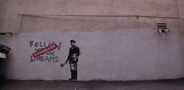 Banksy in Boston: Portrait from the F̶O̶L̶L̶O̶W̶ ̶Y̶O̶U̶R̶ ̶D̶R̶E̶A̶M̶S̶ CANCELLED piece in context on Essex St, Chinatown, Boston