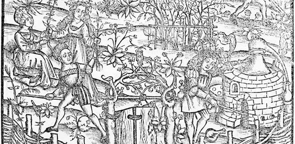 Distillation in the 15th century, from Liber de Arte Distillandi de Compositis by Hieronymus Brunschwig