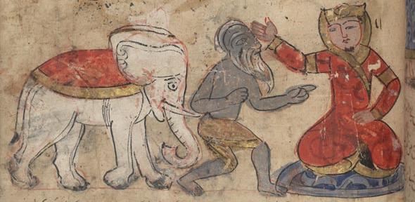 A fakir presents a white elephant to the King, from Kalila wa Dimna by Abdu llah ibn al-Mugaffa