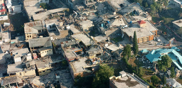 The city of Muzafarabad, Pakistan lays in ruins after the 2005 Kashmir earthquake that hit the region.