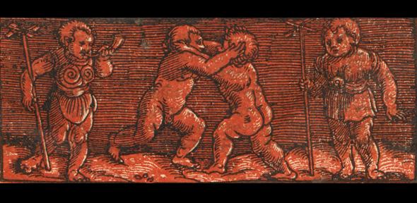 'Detail of Hans Baldung Grien (attr.), Title Border with Wrestling Putti, colour woodcut from two blocks (red and black). Title page of Juan López, De libertate ecclesiastica (Strasbourg: Johann Schott, 1511).