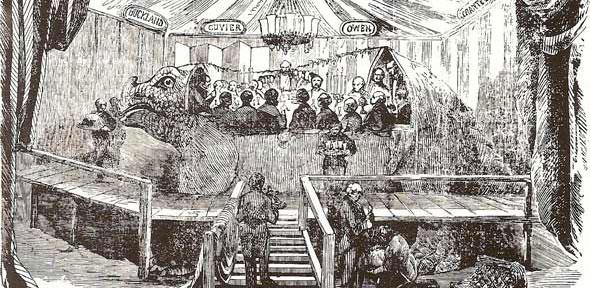 Woodcut of the famous (crowded) banquet in Benjamin Waterhouse Hawkins' standing Crystal Palace Iguanodon, New Year's Eve, 1853.