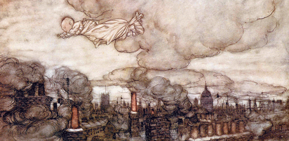 'Away he flew, right over the houses to the Gardens': illustration by Arthur Rackham for 'Peter Pan in Kensington Gardens'