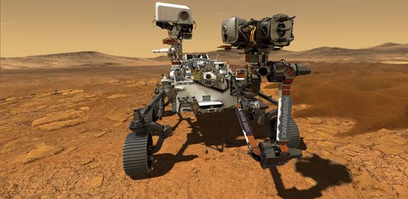 Illustration of NASA's Perseverance rover operating on the surface of Mars.
