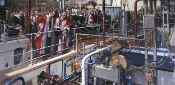 Terence Cuneo’s painting of Prince Philip’s tour of the Baker Building, Department of Engineering, University of Cambridge, which he opened in 1952. The proposed Regius Professorship will, in part, mark his long-standing links with the Department.