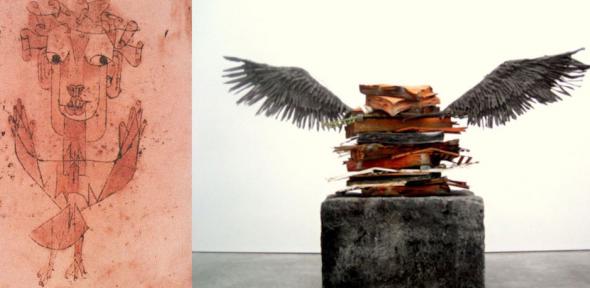 Left: Klee's Angelus Novus. Right: Kiefer's Sprache der Vogel. Winter argues that the progression from one image to the other represents a process of gradual "effacement" in art depicting war.