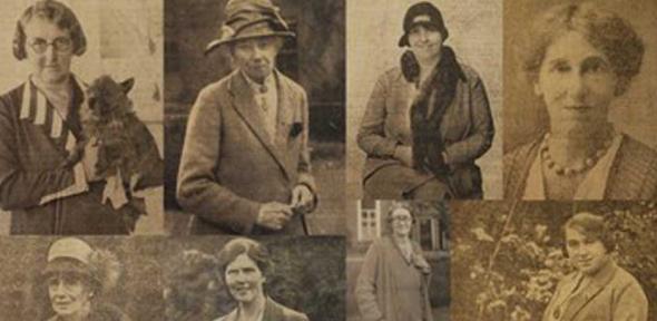 Clockwise from top left: members of NUWW in 1930, Mrs Vinter, Mrs Cochrane, Leah Manning, Clara Rackham, Mrs Stevenson, Mrs Strachey, Miss Cattley, Mrs Keynes