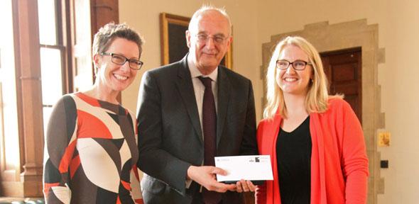 Dr Ruth Armstrong and Dr Amy Ludlow receive their award from the Vice-Chancellor, Professor Sir Leszek Borysiewicz