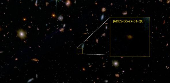 False-colour JWST image of a small fraction of the GOODS South field, with JADES-GS-z7-01-QU highlighted