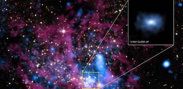 A composite image of the region around Sagittarius A* (Sgr A*), the supermassive black hole in the center of the Milky Way. X-ray emission is shown in blue.