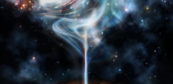 An artist’s impression of the jet launched by a supermassive black hole, which inflates lobes of very hot gas that are distorted by the cluster weather.