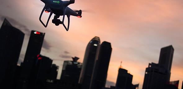 Drone and city skyline