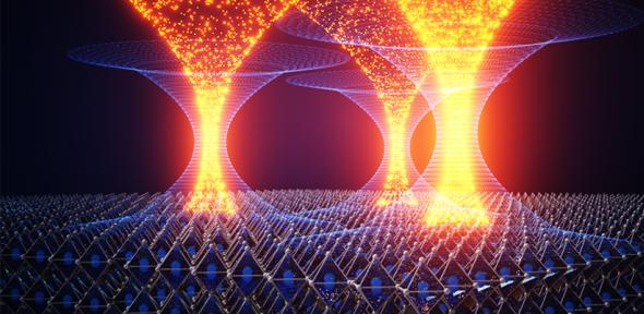 Artistic representation of electrons funneling into high quality areas of perovskite material