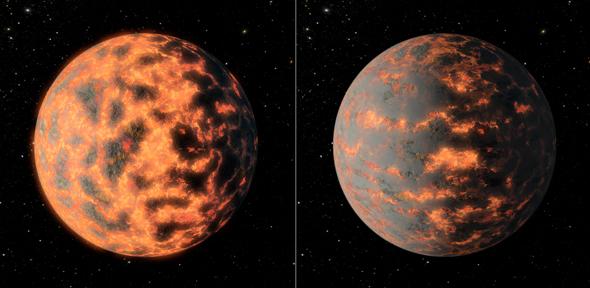 Artist’s impression of super-Earth 55 Cancri e, showing a hot partially-molten surface of the planet before and after possible volcanic activity on the day side.