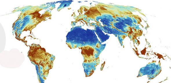 Map showing global areas of importance for terrestrial biodiversity, carbon and water