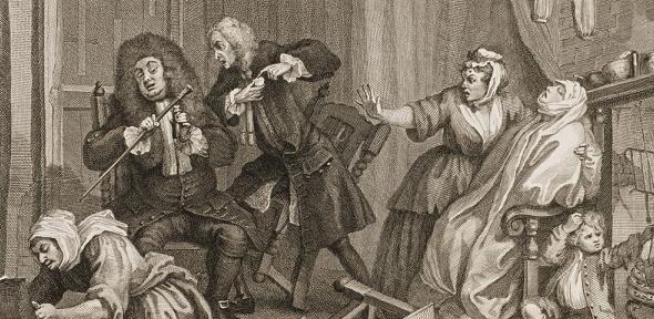 Detail from plate 5 of Hogarth’s “A Harlot’s Progress”, with the protagonist, Moll, dying of syphilis.