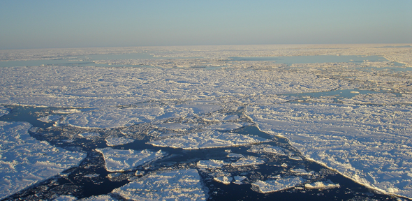 The marginal ice zone – the region between solid ice and open water 