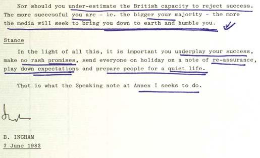 Bernard Ingham's note of warning to Margaret Thatcher two days before the 1983 General Election