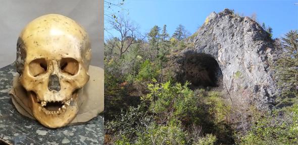 Right: Exterior of Devil’s Gate, the cave in the Primorye region near the far eastern coast of Russia. Left: One of the skulls found in the Devil’s Gate cave from which ancient DNA used in the study was extracted. 
