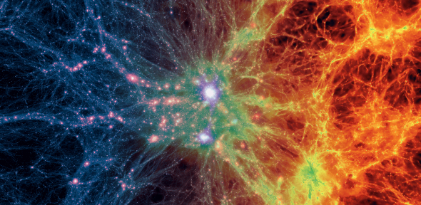Large scale projection through Illustris, centered on the most massive cluster, 70 million light years away. Dark matter density (left) is transitioning to gas density (right).