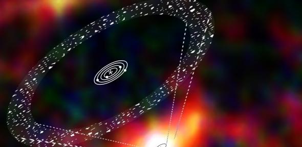 An image of the star Gilese 581 (bottom of image), with an illustration of the debris disc superimposed to show its position.