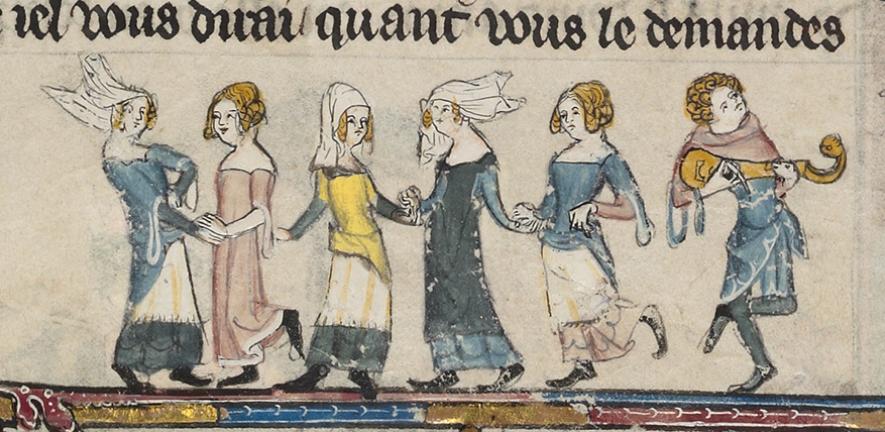 Minstrel playing music and women dancing, from Bodleian Library MS Bodl-264, 00216, fol-97v