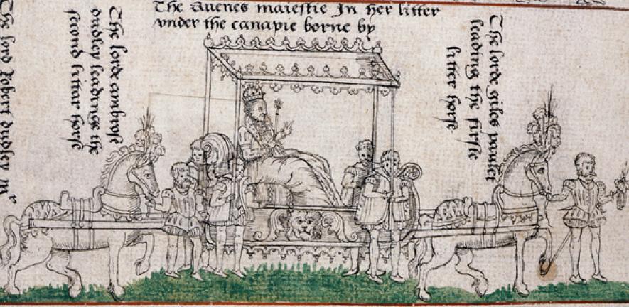 Queen Elizabeth in procession the day before her coronation in 1559. College of Arms MS M.6, f.41v. Banner image: Rachel Duffield as Elizabeth I, credit: Antonella Muscat