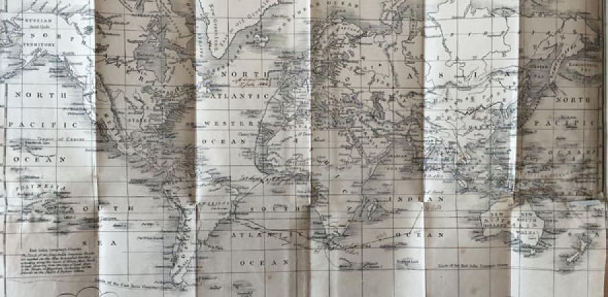 Mid-19th-century map with a line linking Britain to India