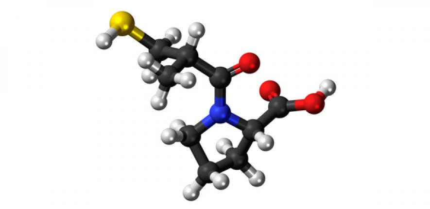 Ball-and-stick model of the '''captopril''' molecule, an ACE inhibitor used for the treatment of hypertension