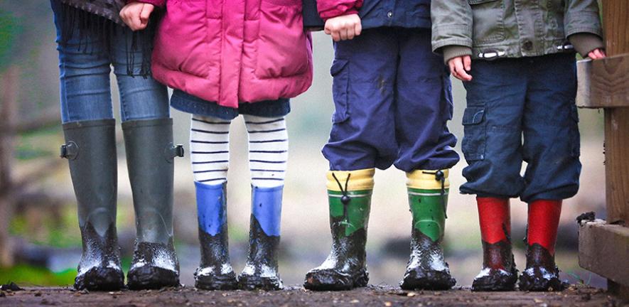 Children outdoors in muddy wellies