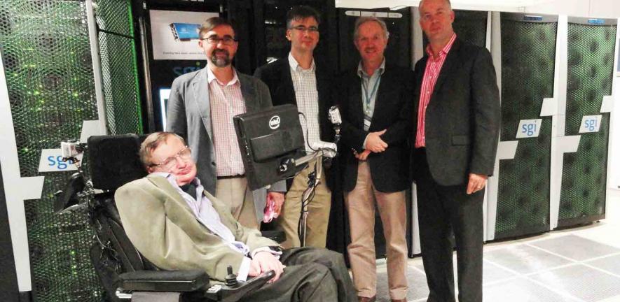 Professor Stephen Hawking, Andrey Kaliazin (Centre for Theoretical Cosmology), Mike Woodacre (SGI), Paul Shellard (Centre for Theoretical Cosmology) and Simon Appleby (SGI)