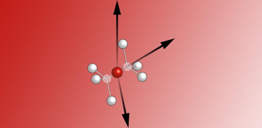 Atomic structure of the SiV- color center, consisting of an Si impurity (red) situated on an interstitial position along the bond axis and surrounded by a split-vacancy (transparent) and the next-neighbor carbon atoms (grey).