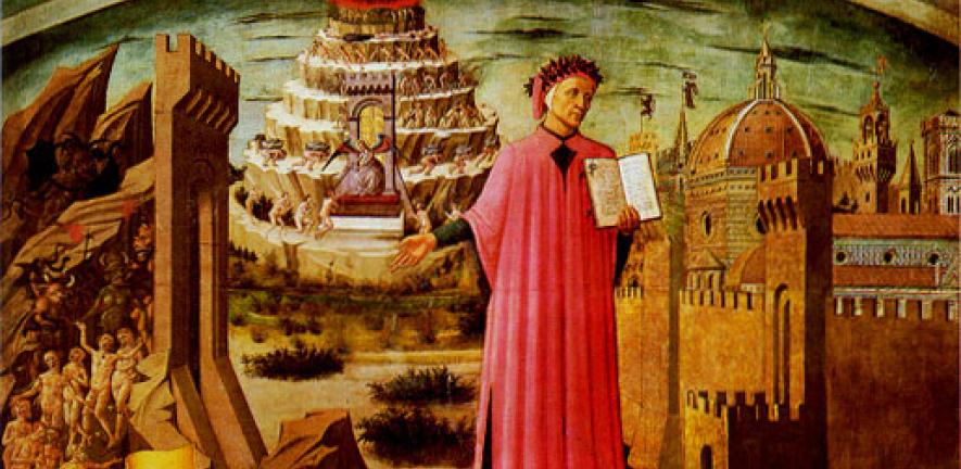 Dante's Divine Comedy shown in a fresco by Michelino