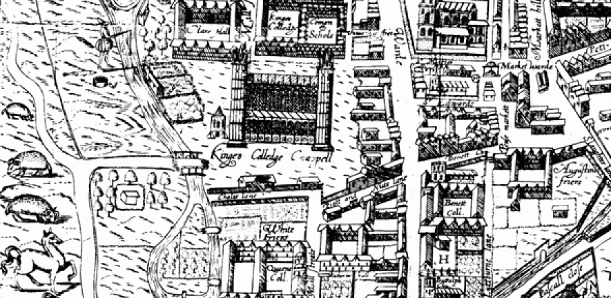 Detail from Richard Lyne's 1574 map of Cambridge.