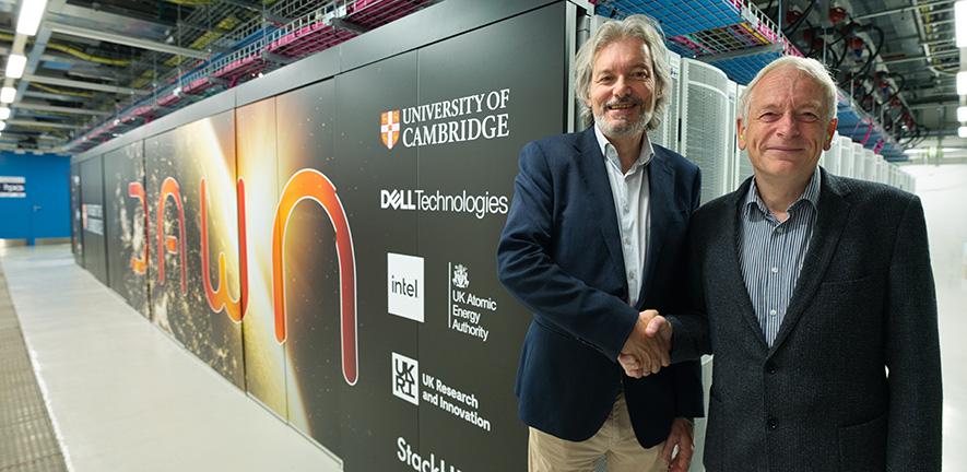 Dr Paul Calleja, Director of Dawn AI Service (left) and Professor Richard McMahon, Chair of Cambridge Research Computing Advisory Group and UKRI Dawn Principal Investigator (right) in front of Dawn.