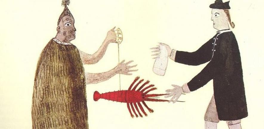"A Maori man and Joseph Banks exchanging a crayfish for a piece of cloth."