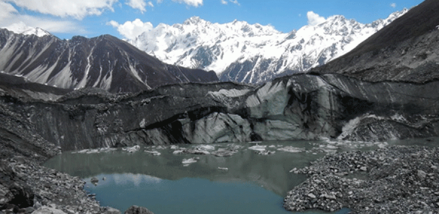 Lake on the surface of Lirung Glacier. The rapid drainage of such lakes may cause flooding downstream and may have contributed to devastating mudflows during the earthquake. 
