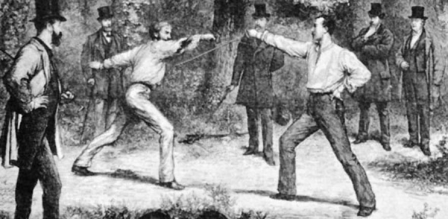 "The Code Of Honor—A Duel In The Bois De Boulogne, Near Paris", wood engraving by Godefroy Durand