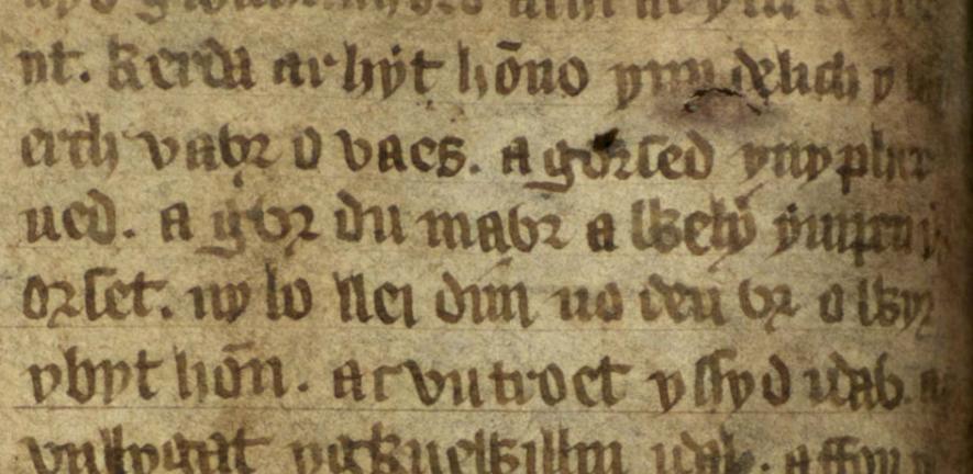 Early example of the Welsh word for not (dim, line 5) in the 14th-century Mabinogion