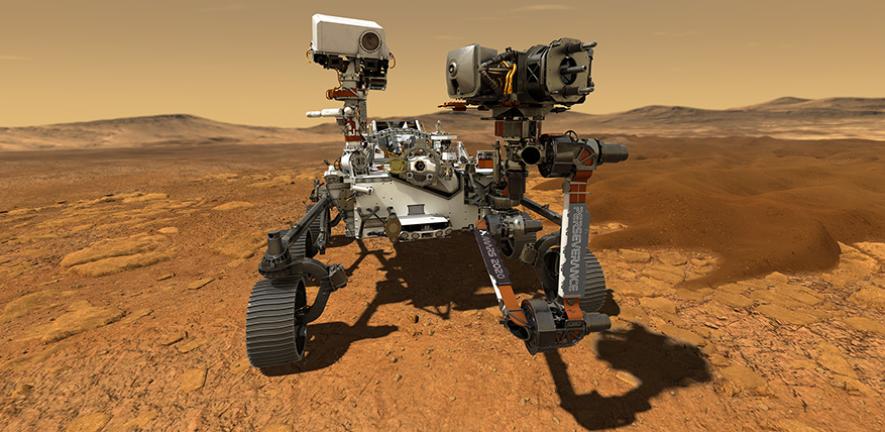 Illustration of NASA's Perseverance rover operating on the surface of Mars.