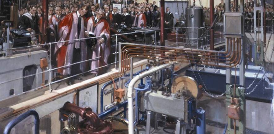 Terence Cuneo’s painting of Prince Philip’s tour of the Baker Building, Department of Engineering, University of Cambridge, which he opened in 1952. The proposed Regius Professorship will, in part, mark his long-standing links with the Department.