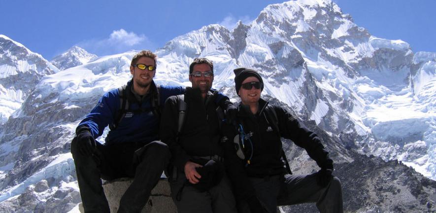 Dr Andrew Murray (far right) with his colleagues Dr Nick Knight and Dr Cameron Holloway on the approach to Everest Base-camp 