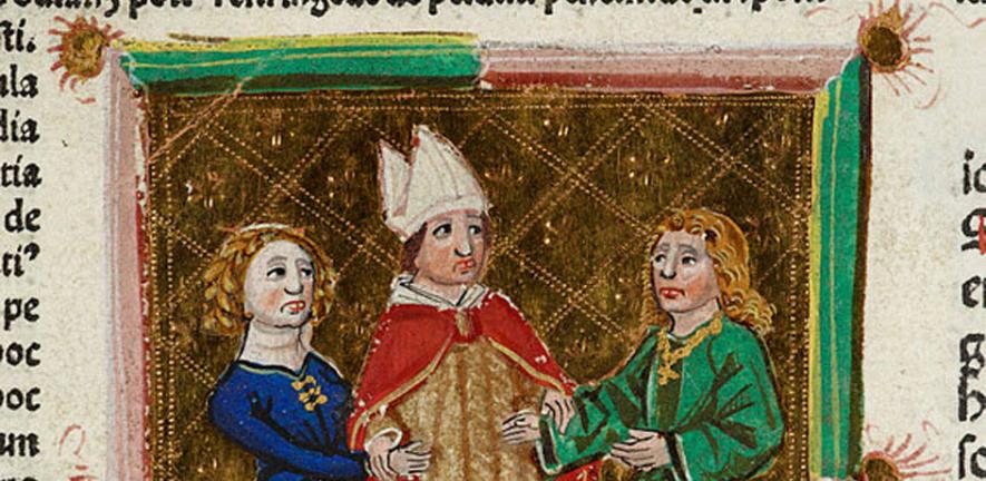A miniature showing a bishop joining the hands of a couple, from the section of the Decretals of Pope Gregory IX concerning marriage, in a copy produced in Venice around 1475.