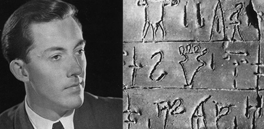 Michael Ventris (left) and (right) a detail of the Pylos Tablet Ta641 inscribed with Linear B