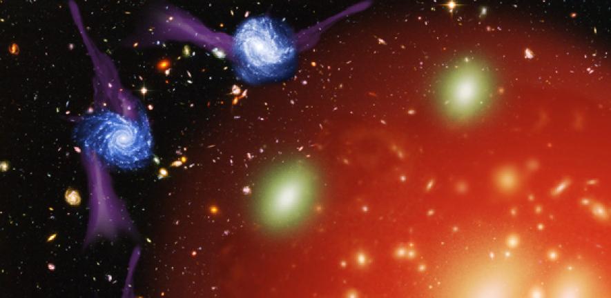 Artist’s impression of one of the possible galaxy strangulation mechanisms: star-forming galaxies (fed by gas inflows) are accreted into a massive hot halo, which ‘strangles’ them and leads to their death.